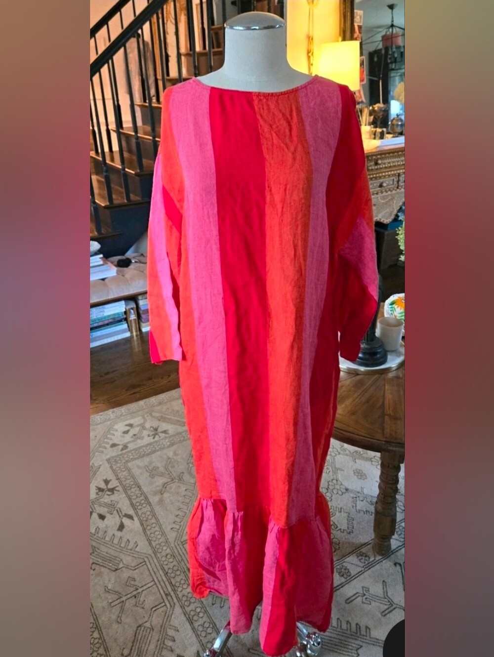 Mara Hoffman Pink Red Orange Striped Linen Maxi Dress M